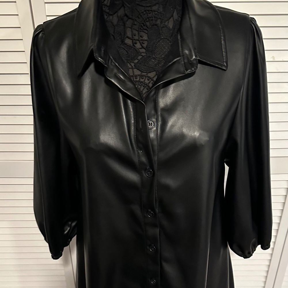 Dolce Cabo Vegan Leather Puff Sleeve Shirt Dress - Picture 2 of 7
